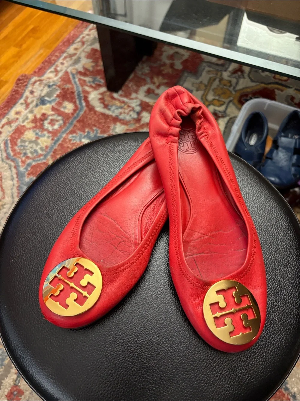 Tory Burch Red Leather Ballet Flats with Gold Logo Medallion